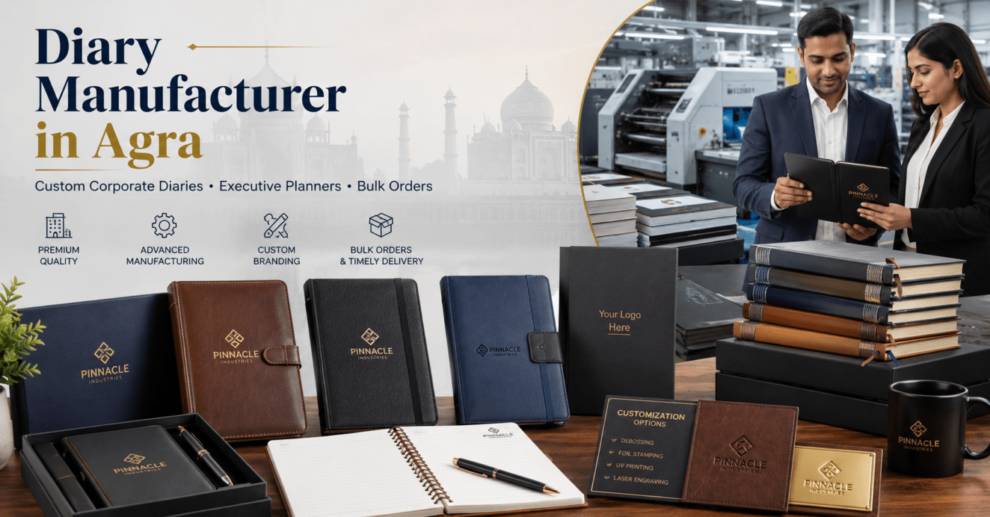Diary manufacturer in Agra showcasing customized corporate diaries, executive planners, premium leather notebooks, branded journals, and bulk diary manufacturing solutions for businesses.