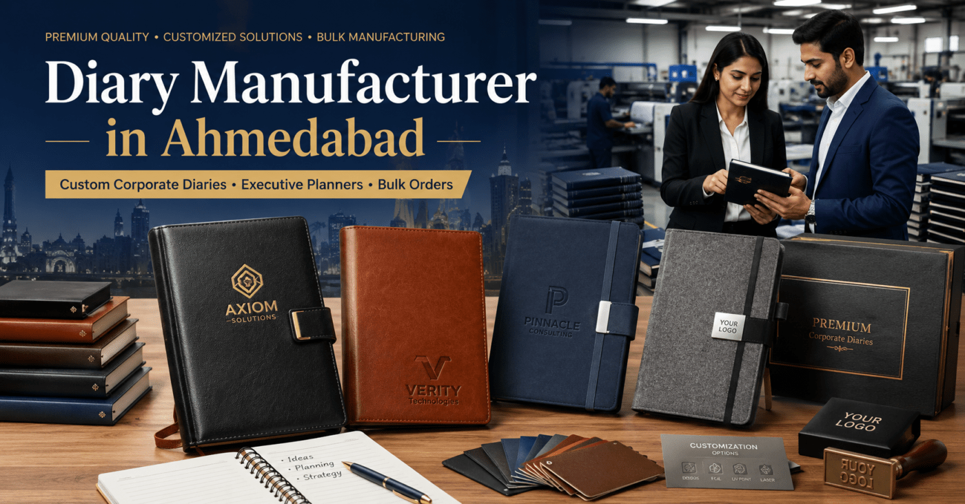 Top diary manufacturers in Ahmedabad showcasing customized corporate diaries, executive planners, PU leather notebooks, hardcover journals, and bulk branded diary solutions for businesses, institutions, and corporate gifting.
