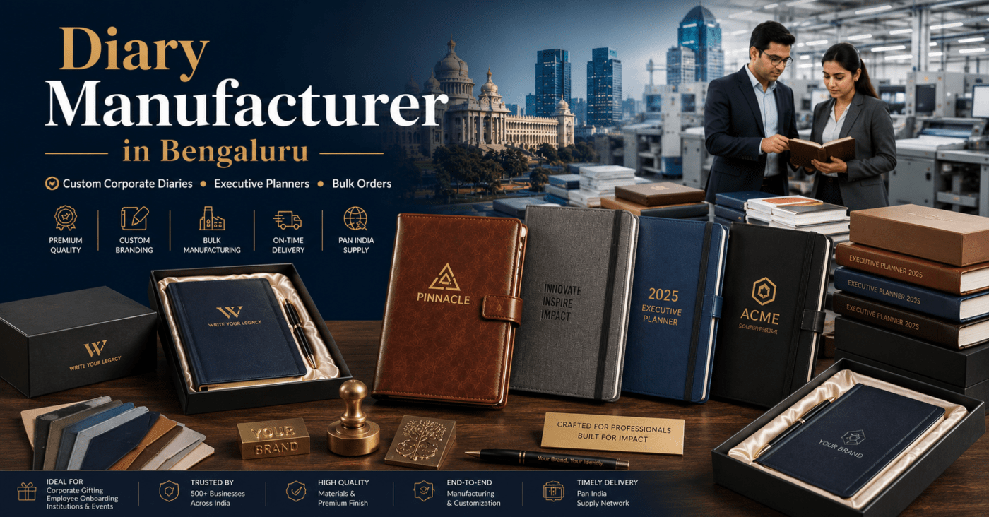 "Notebook manufacturers in Bengaluru showcasing customised corporate notebooks, executive diaries, planners and bulk notebook manufacturing"