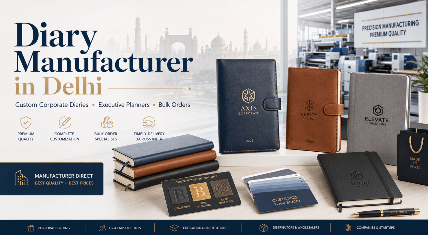Diary manufacturer in Delhi showcasing customized corporate diaries, executive planners, premium notebooks, branded journals, and bulk diary manufacturing solutions for businesses and institutions.
