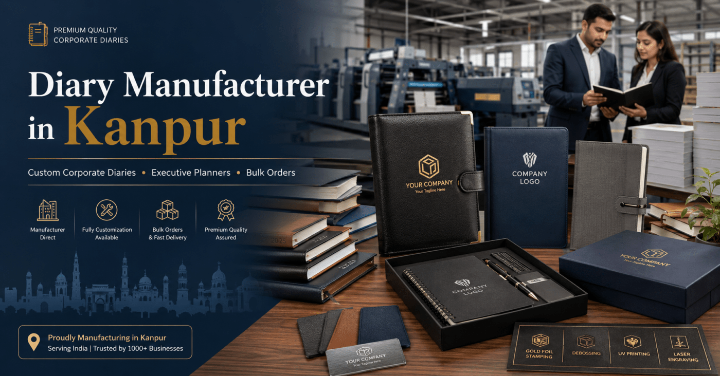 Diary manufacturer in Kanpur showcasing customized corporate diaries, executive planners, premium notebooks, branded journals, and bulk diary manufacturing solutions for businesses and institutions.