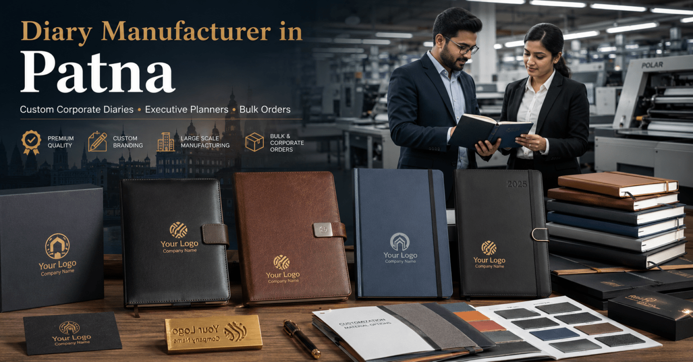 Diary manufacturer in Patna showcasing custom corporate diaries, executive planners, leather notebooks, branded journals, and bulk diary manufacturing solutions for businesses and institutions.