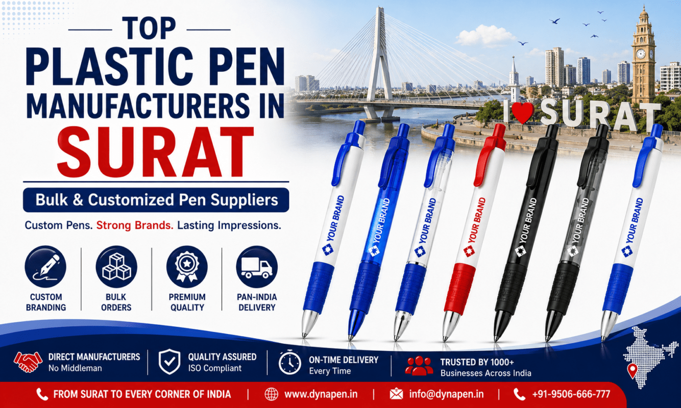 Plastic pen manufacturer in Surat offering bulk customized pens, promotional stationery, corporate branding solutions, and pan-India delivery for businesses and institutions.