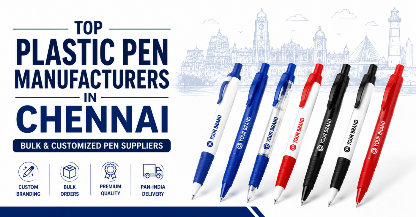 Top Plastic Pen Manufacturers in Chennai showcasing customised plastic ballpoint pens for bulk orders, corporate branding, promotional campaigns, and pan-India supply.
