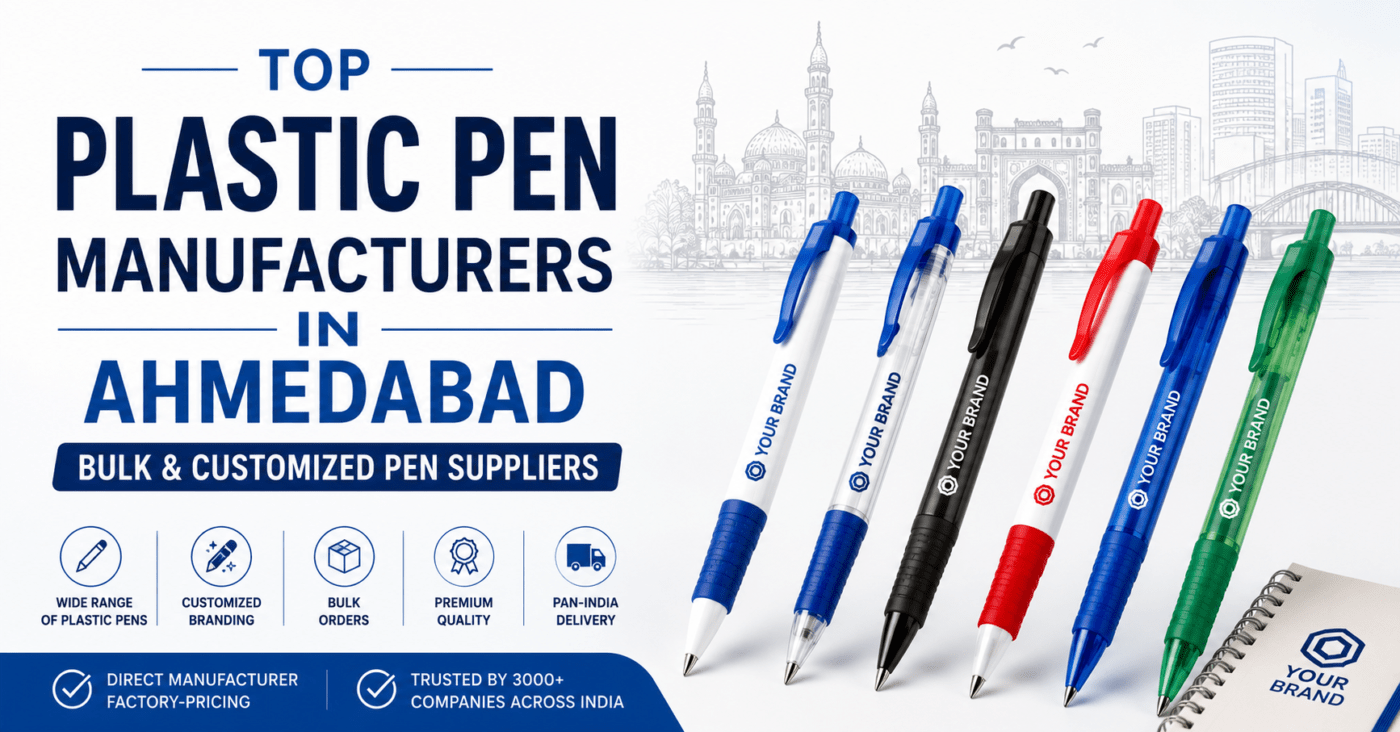 Top Plastic Pen Manufacturers in Ahmedabad featuring branded plastic ballpoint pens, click pens, transparent barrel pens, and promotional writing instruments with a subtle Ahmedabad skyline background representing bulk and customized pen suppliers.