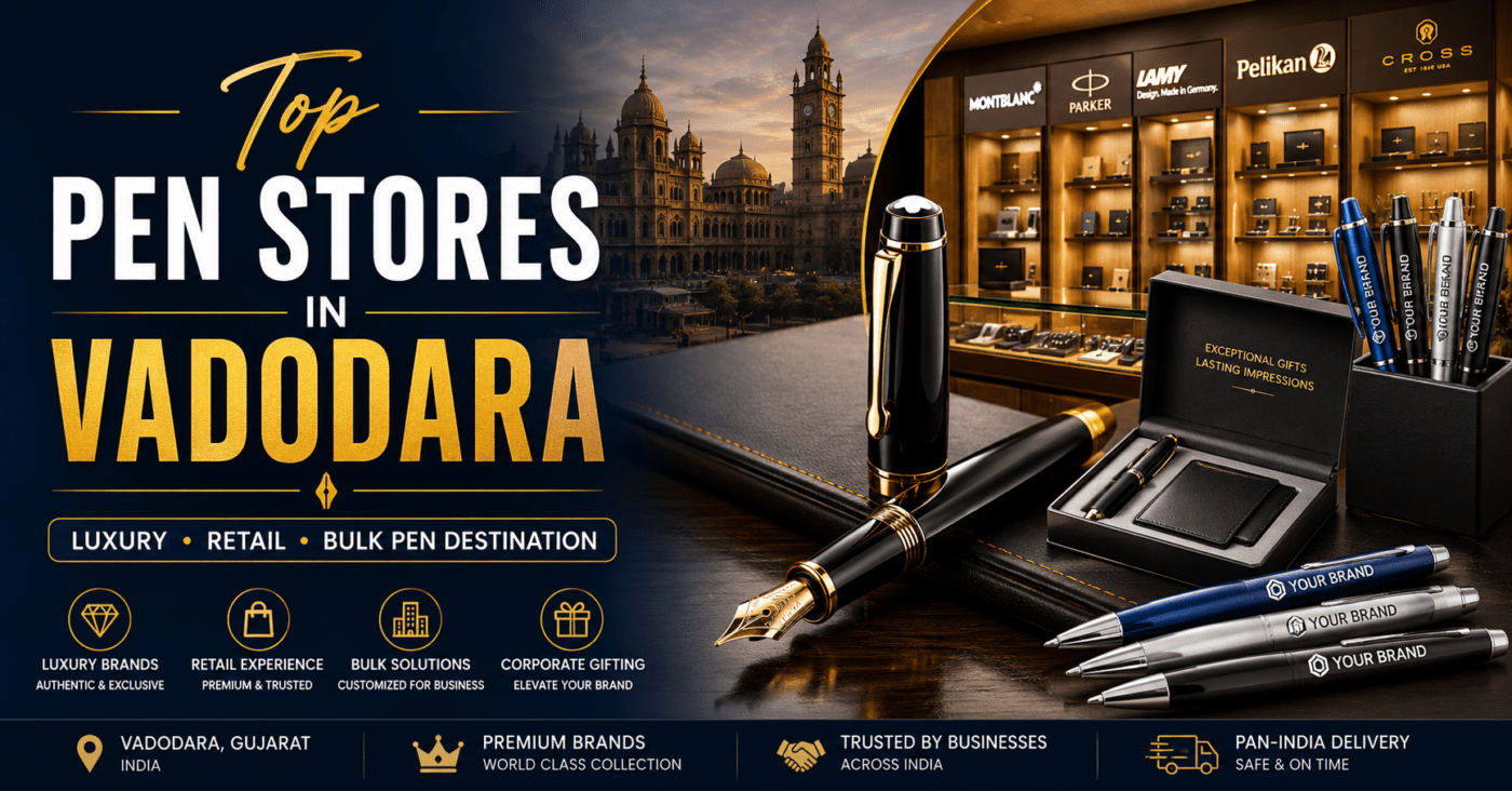 Premium featured image for Top Pen Stores in Vadodara showcasing luxury fountain pens, branded corporate pens, an upscale pen showroom, executive gift sets, and retail pen displays against a sophisticated Vadodara city backdrop.