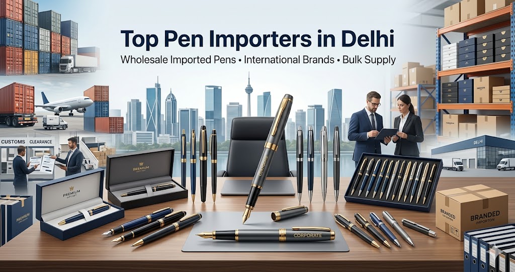 Top Pen Importers in Delhi displaying imported premium pens, executive writing instruments, and wholesale pen distribution.