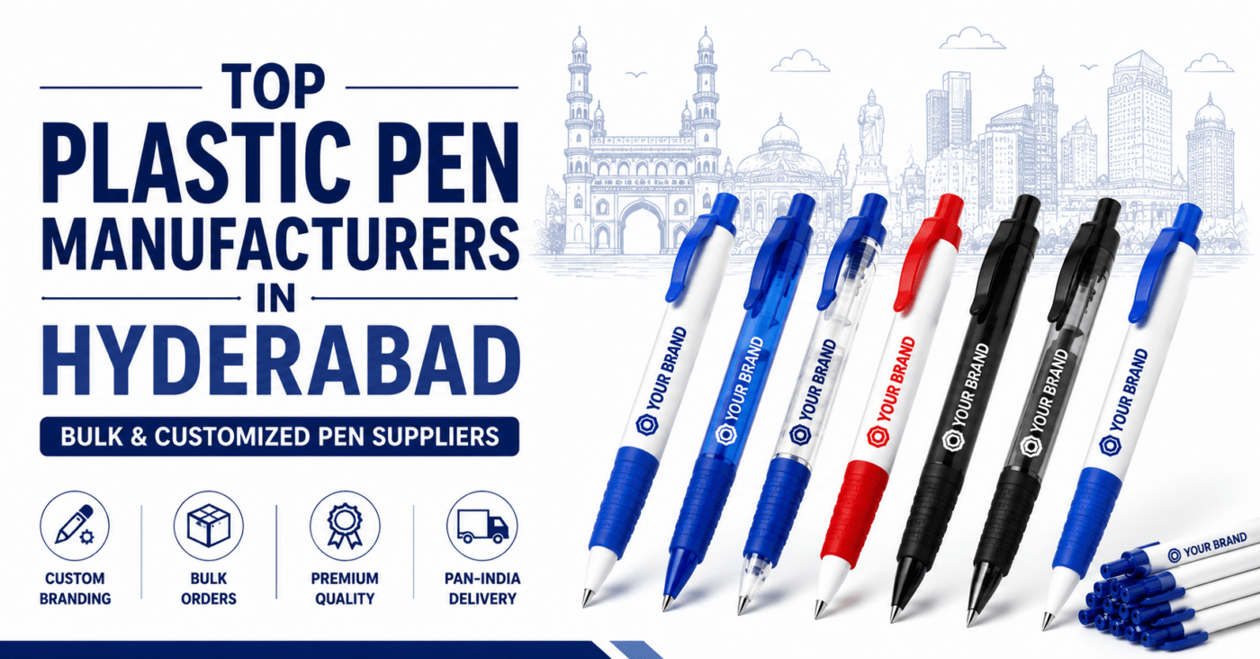 Top Plastic Pen Manufacturers in Hyderabad showcasing customised plastic ballpoint pens for bulk orders, corporate branding, promotional campaigns, and pan-India delivery.