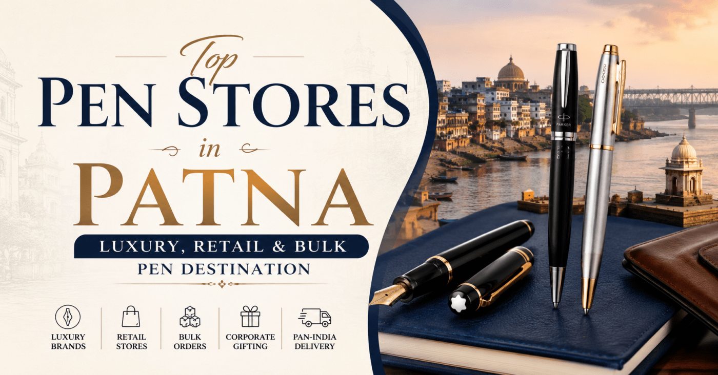 Premium featured image for “Top Pen Stores in Patna” showcasing luxury fountain pens, executive ballpoint pens, and corporate gifting pens against a Patna cityscape. Elegant design highlighting luxury, retail, and bulk pen destinations in Patna with premium stationery and writing instruments.
