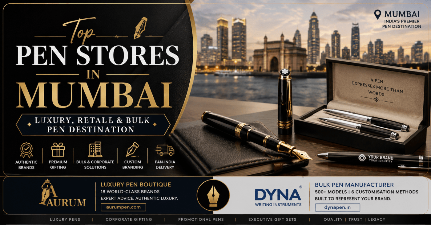 Premium featured image for "Top Pen Stores in Mumbai" showcasing luxury fountain pens, executive pen gift sets, and branded corporate pens against the Mumbai skyline. The design highlights luxury, retail, and bulk pen destinations in Mumbai with a sophisticated black-and-gold aesthetic.