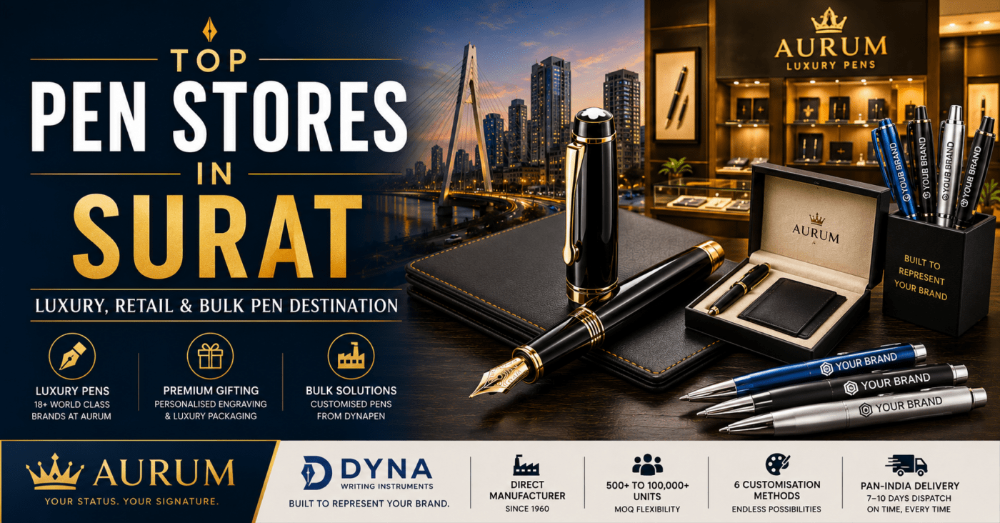 Featured image for Top Pen Stores in Surat showcasing luxury fountain pens, premium executive gift sets, branded corporate pens, a high-end pen showroom, and Surat city skyline, highlighting luxury retail and bulk pen solutions.