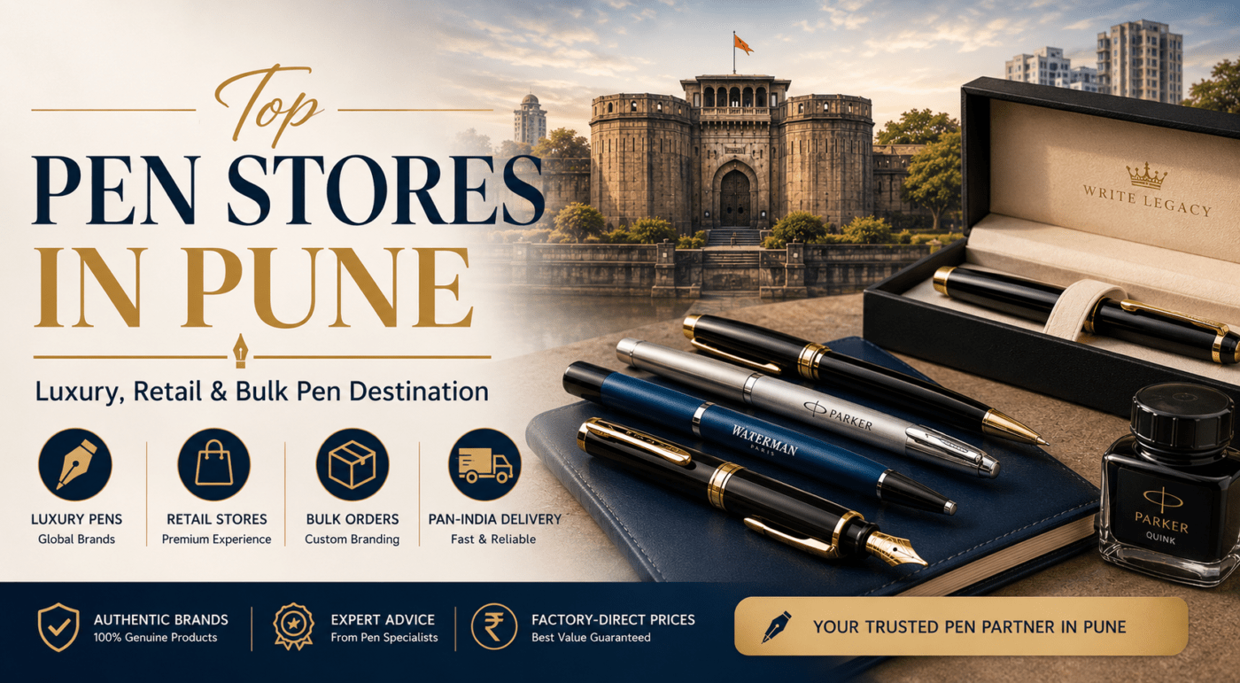Premium featured image for “Top Pen Stores in Pune | Luxury, Retail & Bulk Pen Destination” showcasing luxury fountain pens, executive writing instruments, a premium pen gift box, and a Pune city landmark backdrop. The design highlights Pune as a destination for luxury pens, retail pen stores, and bulk branded pen suppliers with an elegant navy, gold, and white color scheme.