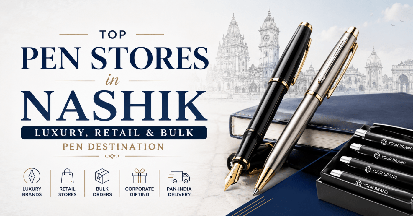 Top Pen Stores in Nashik featuring luxury fountain pens, retail pen shops, and bulk corporate pen suppliers in a clean professional banner design.