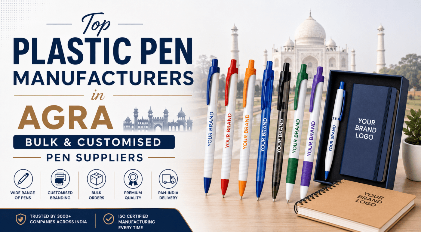 Top Plastic Pen Manufacturers in Agra offering bulk customised pens, promotional pens, and corporate branding solutions.