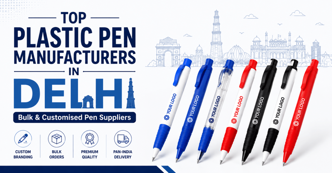 Top Plastic Pen Manufacturers in Delhi showcasing customised plastic ballpoint pens for bulk orders, corporate branding, promotional campaigns, and pan-India delivery.