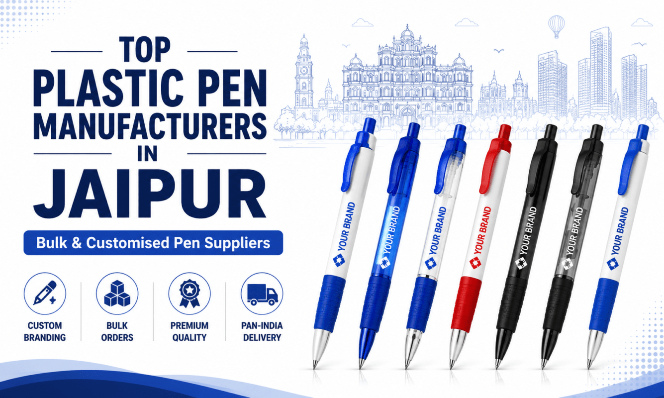 Top Plastic Pen Manufacturers in Jaipur with customised promotional plastic pens and bulk supplier branding.