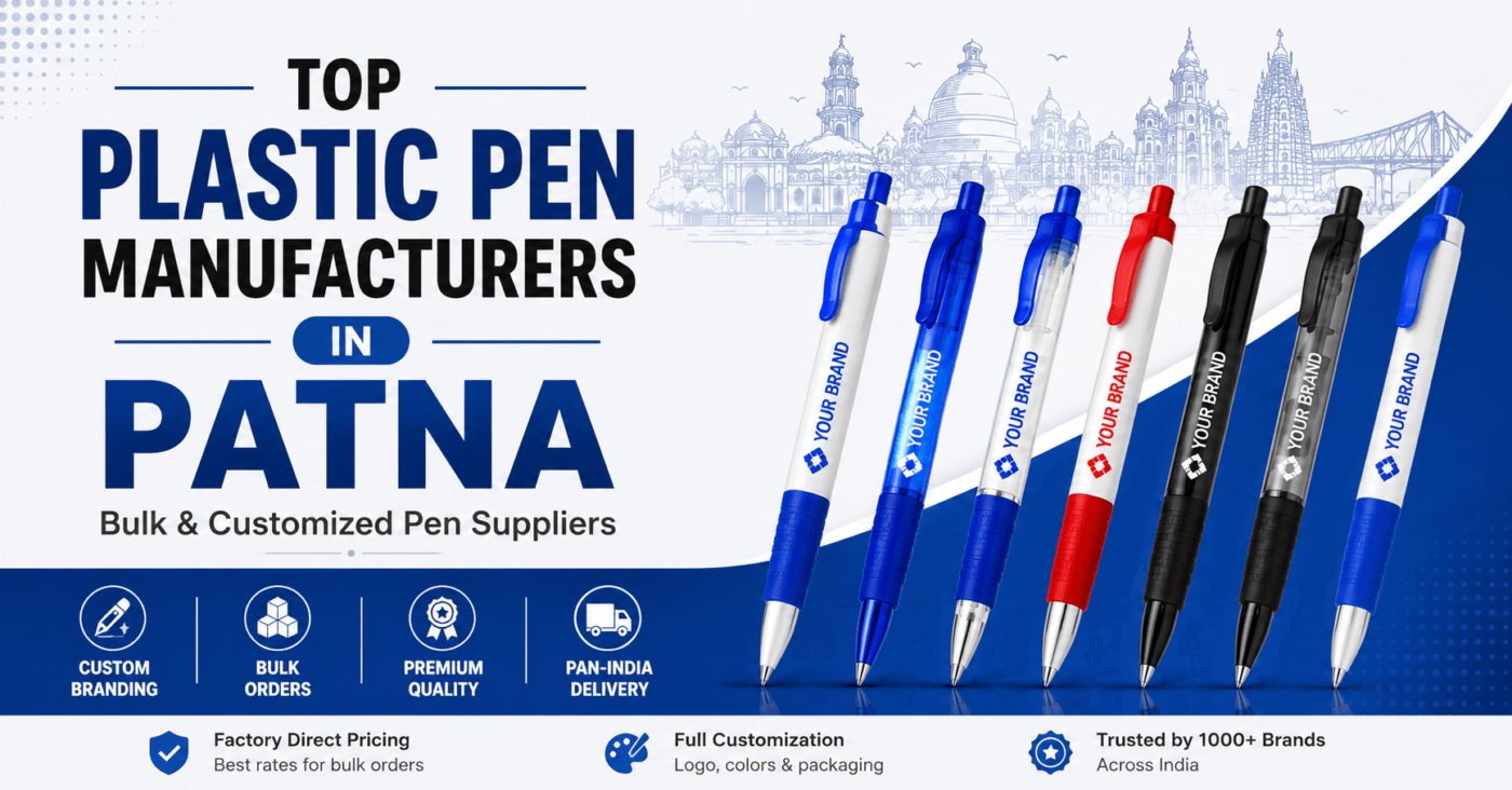 Top Plastic Pen Manufacturers in Patna featured image showing customized plastic promotional pens in multiple colors, highlighting bulk orders, custom branding, premium quality, and pan-India delivery for corporate gifting and promotional stationery suppliers.