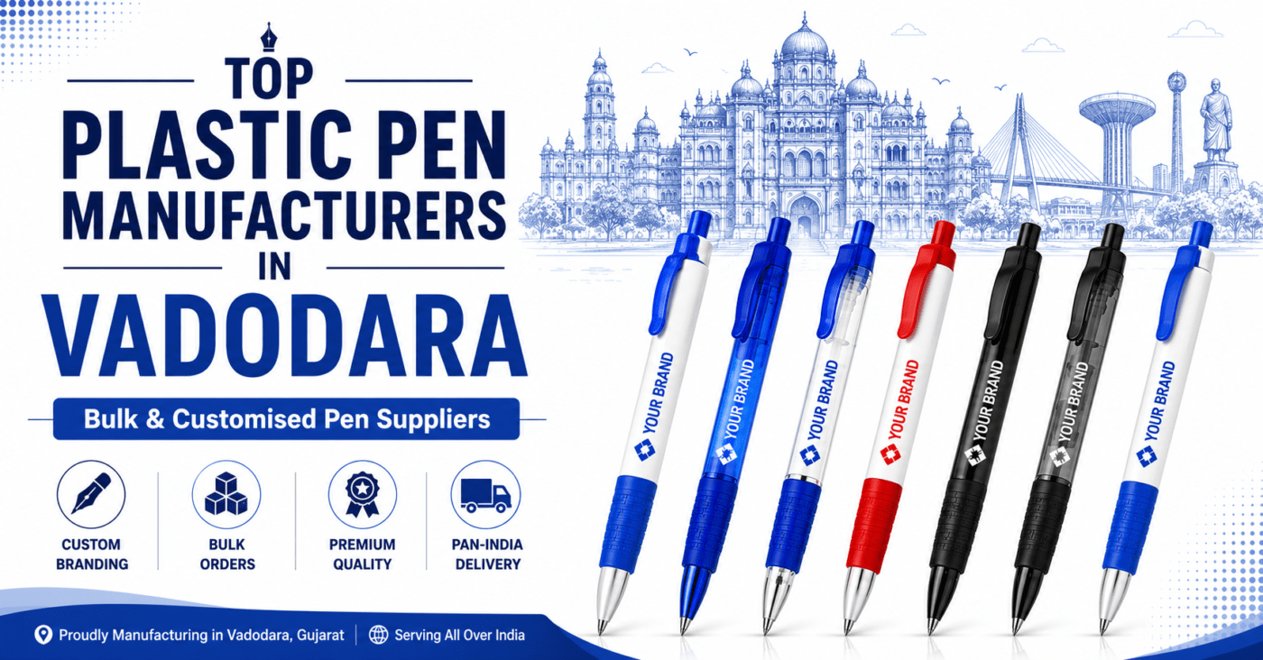 Plastic pen manufacturer in Vadodara offering bulk customized pens, promotional stationery, corporate branding solutions, and pan-India delivery for businesses and institutions.
