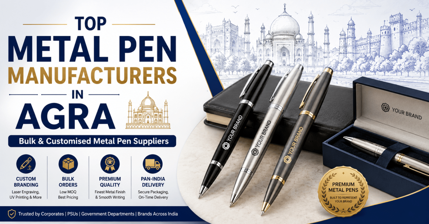 Premium WordPress featured image for “Top Metal Pen Manufacturers in Agra” showing luxury metal pens in black, silver, and gunmetal finishes alongside an executive diary and gift box. The design features Agra-inspired architecture in the background, with bold text highlighting bulk and customised metal pen suppliers, custom branding, bulk orders, premium quality, and pan-India delivery.