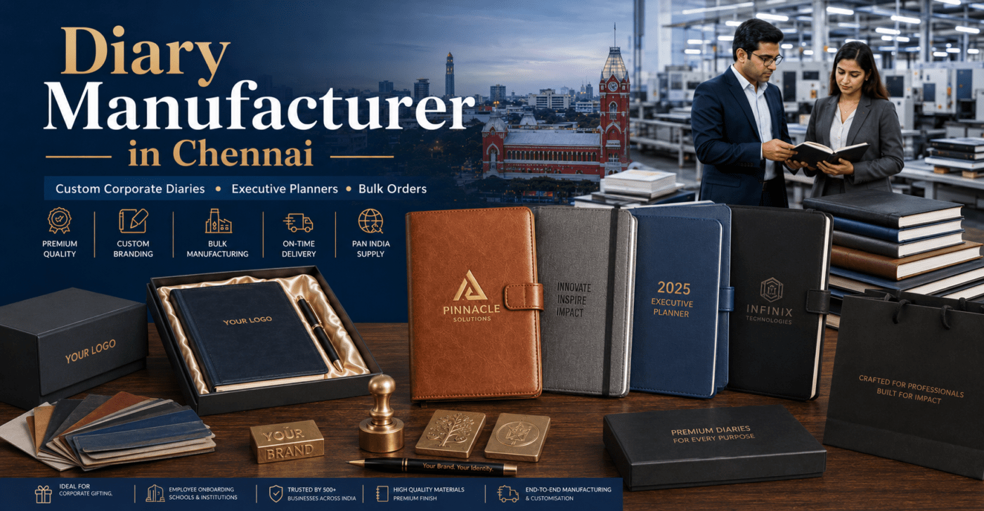 "Notebook manufacturers in Chennai showcasing customised corporate notebooks, executive diaries, planners and bulk stationery production"