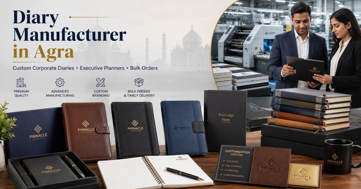 "Notebook manufacturer in Agra showcasing customised corporate notebooks, executive diaries, planners and bulk notebook production"