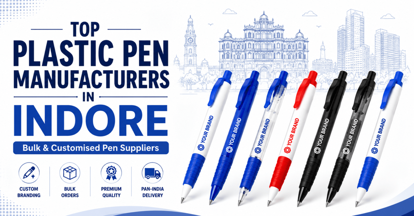 Top Plastic Pen Manufacturers in Indore showcasing customised plastic ballpoint pens for bulk orders, corporate branding, promotional campaigns, and pan-India delivery.