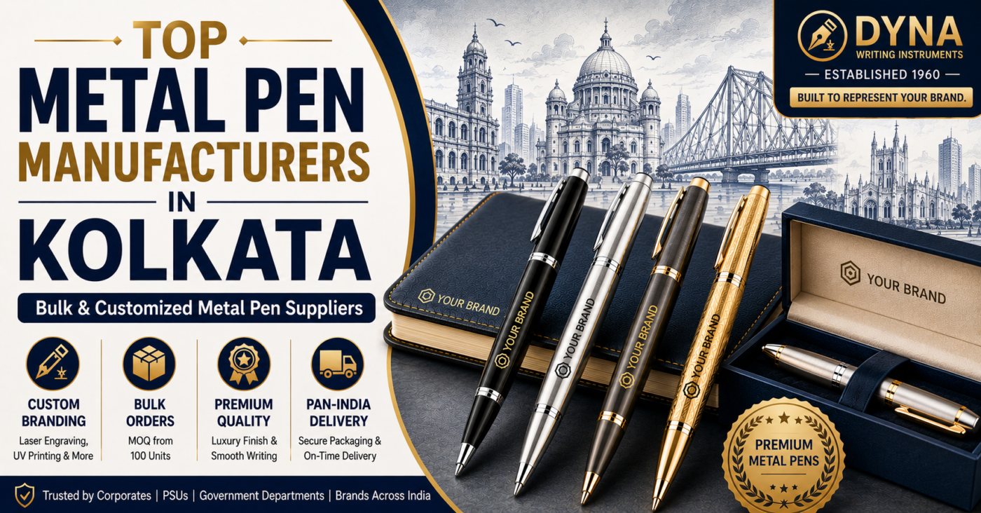 Top Metal Pen Manufacturers in Kolkata featuring customized executive metal pens, laser engraving, premium gift boxes, bulk corporate gifting solutions, custom branding, and luxury metal pen suppliers for businesses across India.
