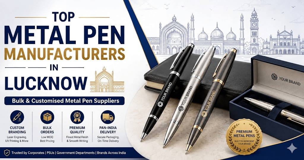 Premium corporate metal pens by Dyna Writing Instruments, the top metal pen manufacturer in Lucknow, showcasing bulk and customised engraved gift sets against the Lucknow skyline.