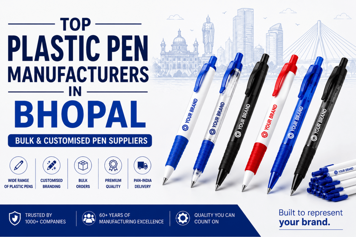 Plastic pen manufacturers in Bhopal offering bulk and customised plastic pens with logo printing, promotional branding, corporate gifting solutions, and pan-India delivery.
