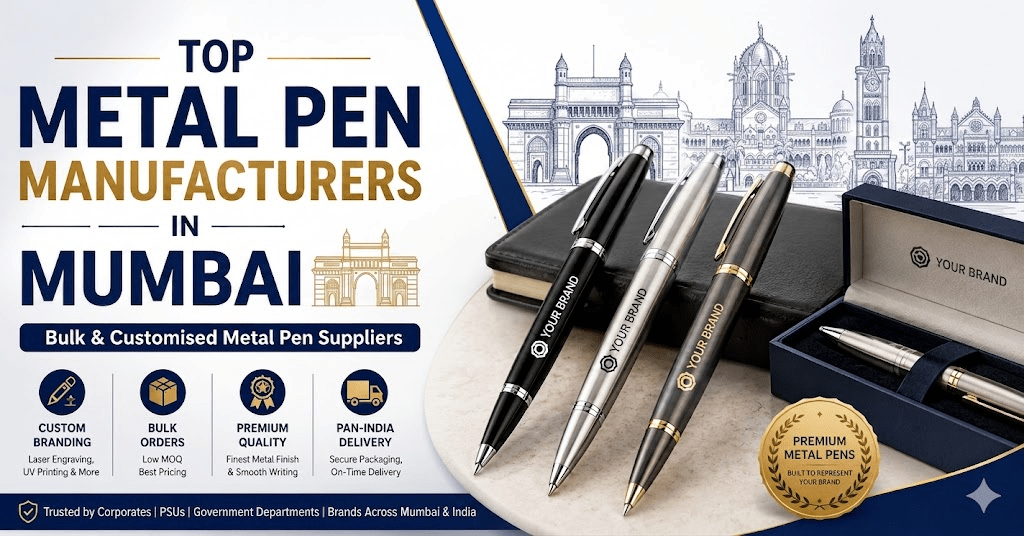 Premium engraved corporate metal pens by Dyna Writing Instruments, the top metal pen manufacturer in Mumbai, featuring custom gift boxes and the Gateway of India skyline graphic.