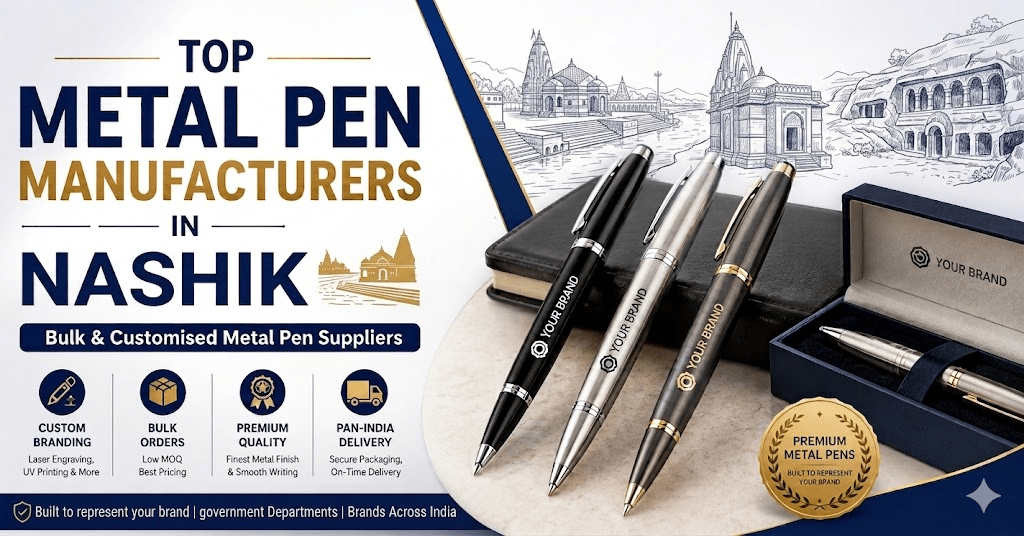 Premium engraved corporate metal pens by Dyna Writing Instruments, the top metal pen manufacturer in Nashik, featuring custom brand logos, luxury velvet gift boxes, and a sketch of Nashik's Trimbakeshwar Temple skyline.