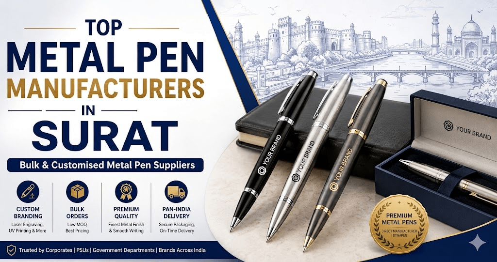 Premium engraved metal corporate pens and gift sets by Dyna Writing Instruments, the top direct manufacturer in Surat, suitable for bulk orders and customised corporate gifting