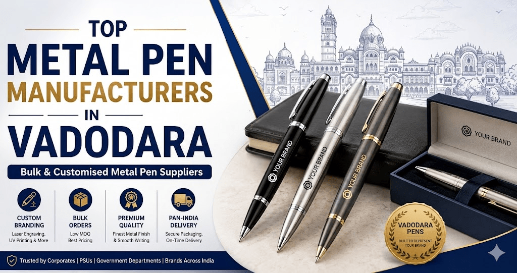 Top Metal Pen Manufacturers in Vadodara featuring customized executive metal pens, laser engraving, premium gift boxes, bulk corporate gifting solutions, and branded metal pen suppliers from Dyna Writing Instruments.