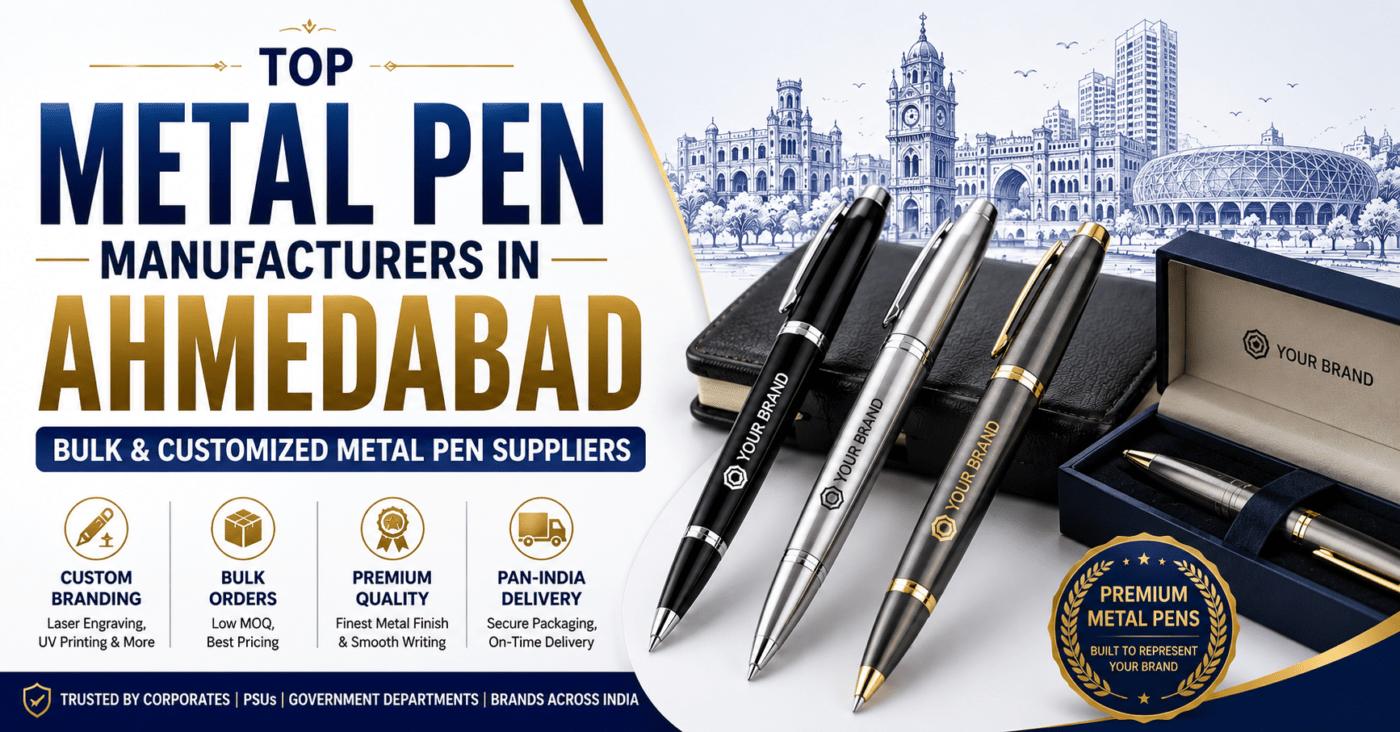 Top Metal Pen Manufacturers in Ahmedabad featured image showcasing premium customized metal pens in black, silver, and gunmetal finishes with executive notebooks and luxury gift box packaging. The design highlights bulk metal pen suppliers, custom branding, premium quality, and pan-India delivery, with Ahmedabad skyline and heritage-inspired illustrations in the background.