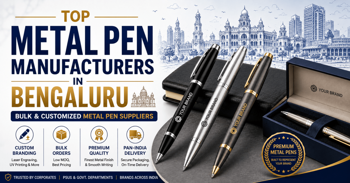 Top Metal Pen Manufacturers in Bengaluru featured image showcasing premium customized metal pens in black, silver, and gunmetal finishes with luxury gift box packaging and executive notebooks. The design highlights bulk and customized metal pen suppliers, custom branding, premium quality, low MOQ orders, and pan-India delivery, with Bengaluru-inspired architectural and skyline illustrations in the background.
