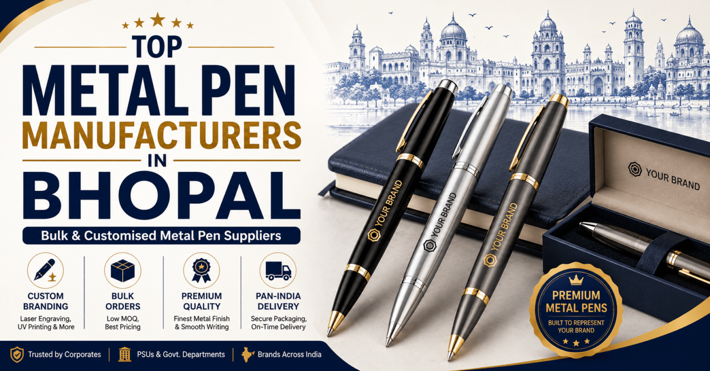Top Metal Pen Manufacturers in Bhopal featured image showcasing premium customized metal pens in black, silver, and gunmetal finishes with executive notebook and luxury gift box packaging. The design highlights bulk and customised metal pen suppliers, custom branding, premium quality, low MOQ orders, and pan-India delivery, with Bhopal-inspired heritage architecture and skyline illustrations in the background.