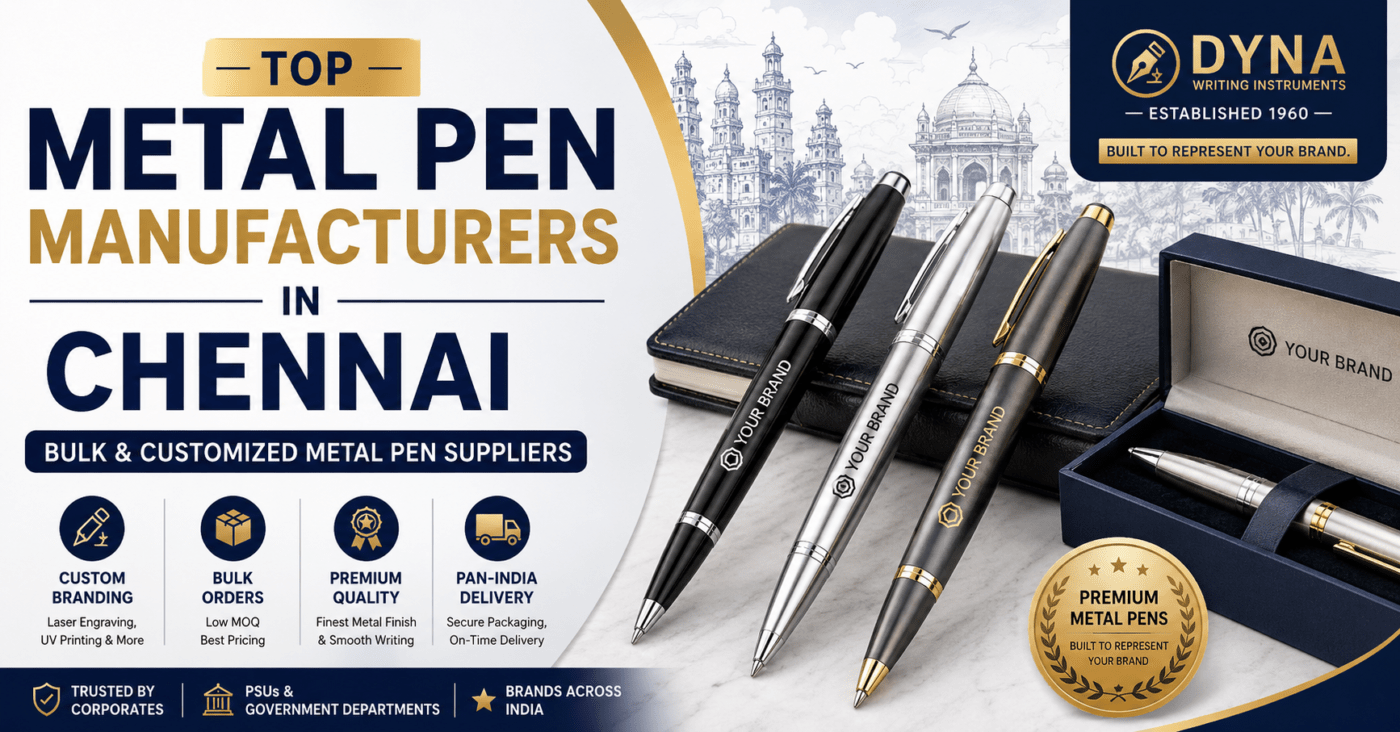Premium WordPress featured image for “Top Metal Pen Manufacturers in Chennai” showcasing customized metal pens, executive pen gift boxes, laser engraving, bulk corporate gifting solutions, premium metal pen suppliers in Chennai, custom branding, pan-India delivery, and Dyna Writing Instruments' luxury stationery products.