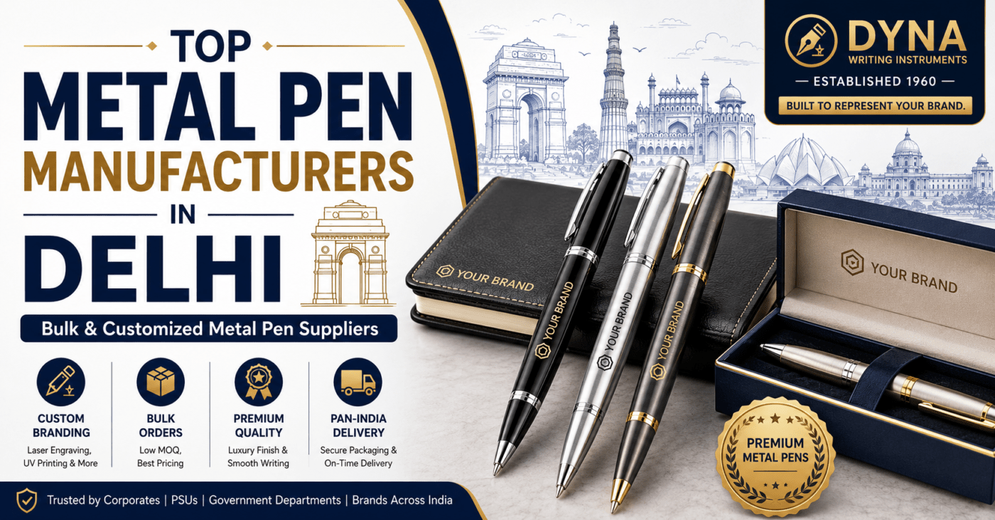 Top Metal Pen Manufacturers in Delhi featuring customized executive metal pens, laser engraving, premium gift boxes, bulk corporate gifting solutions, and branded metal pen suppliers from Dyna Writing Instruments.