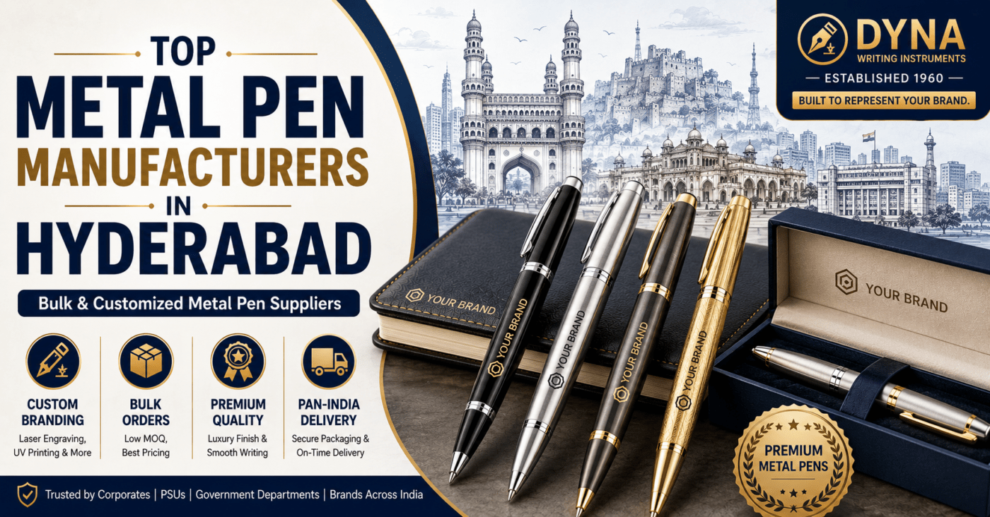 Top Metal Pen Manufacturers in Hyderabad featuring customized executive metal pens, laser engraving, premium gift boxes, bulk corporate gifting solutions, and branded metal pen suppliers from Dyna Writing Instruments.