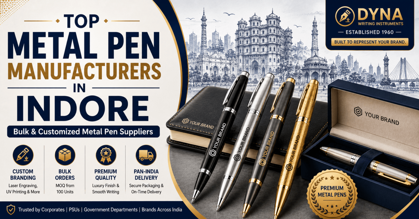 Top Metal Pen Manufacturers in Indore featuring customized executive metal pens, laser engraving, premium gift boxes, bulk corporate gifting solutions, and branded metal pen suppliers from Dyna Writing Instruments.