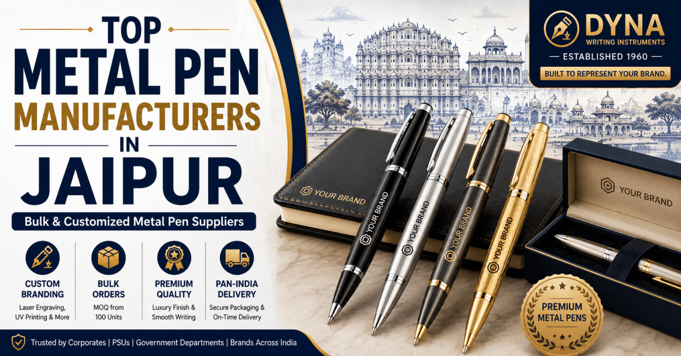 Top Metal Pen Manufacturers in Jaipur featuring premium customized metal pens, executive gift boxes, laser engraving, bulk corporate gifting solutions, custom branding, and luxury metal pen suppliers for businesses across India.